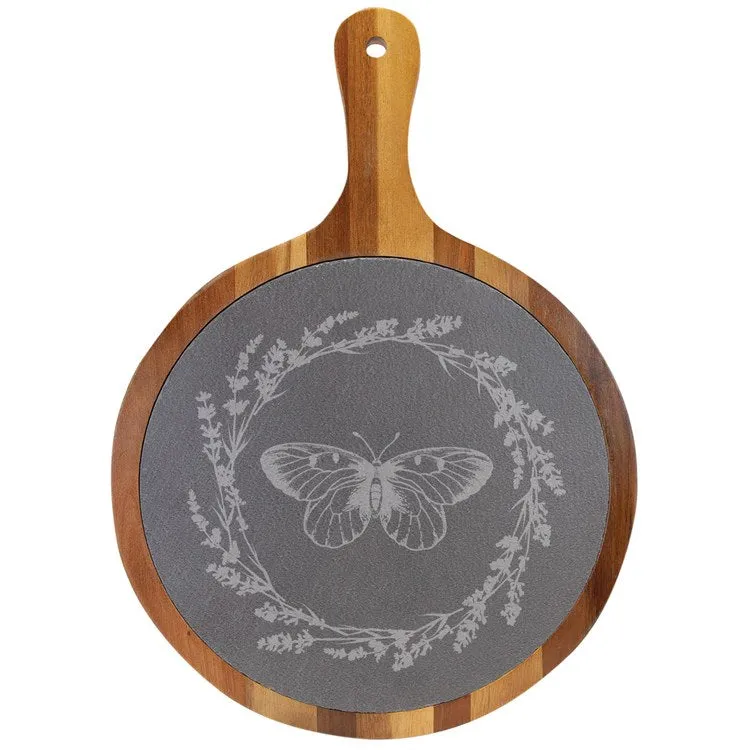 Ailee Butterfly Round Acacia Wood/Slate Board w/Handle