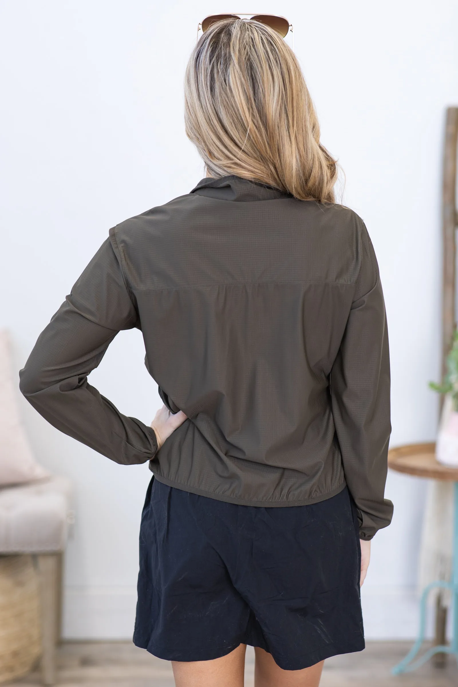 Army Green Nylon Blend Active Pullover Top