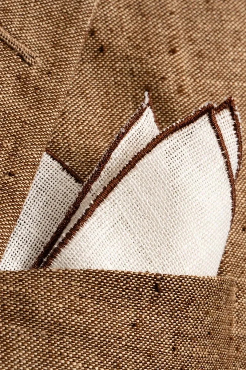 Brown Wave Edge Cream Linen Pocket Square