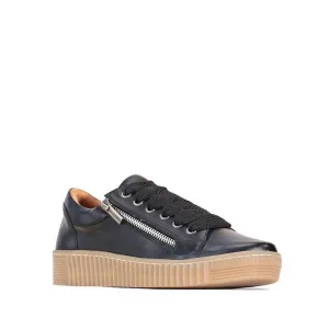 EOS Joyce Nero Leather Trainer Black Lace Up with Zip Gum Sole