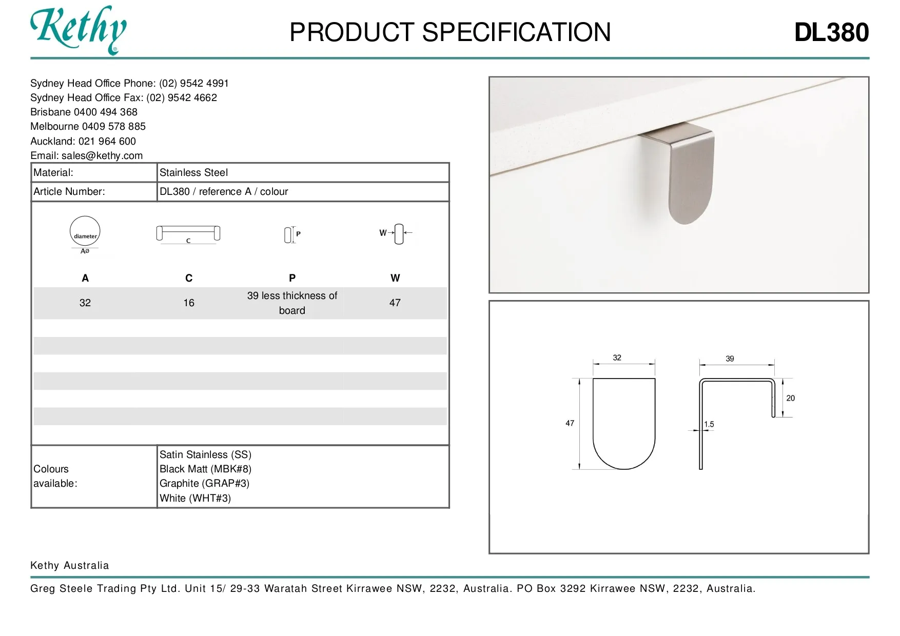 KETHY DL380 CABINET NARROW EDGE PULL 32MM
