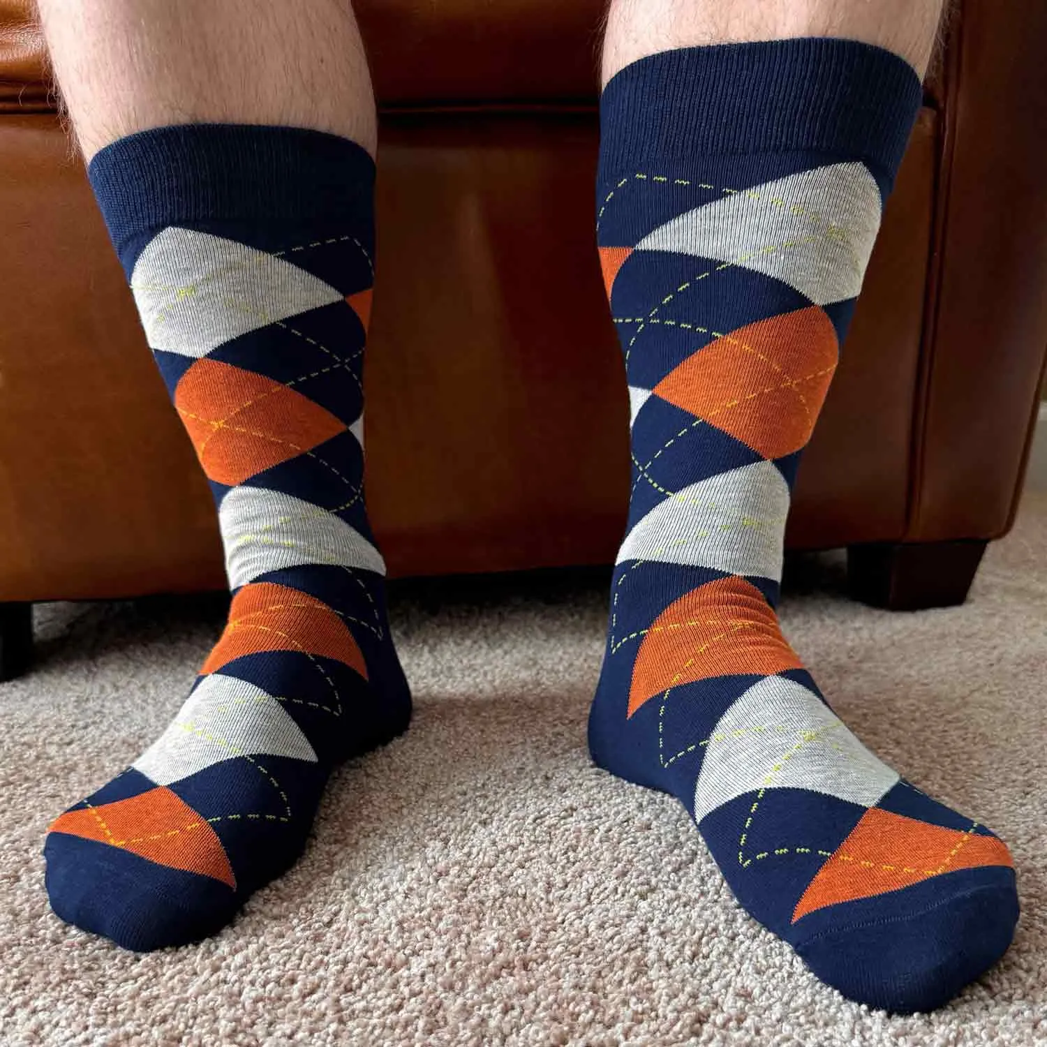 Men's Navy Blue and Orange Argyle Socks