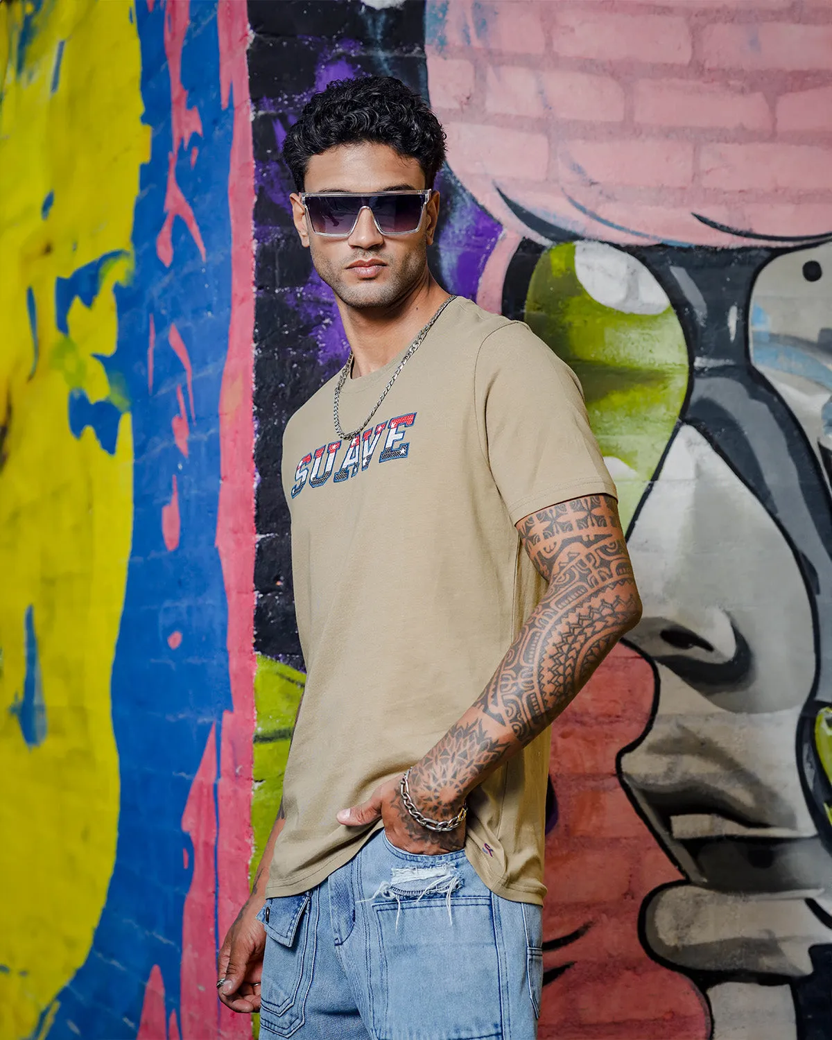 Men's Patrified Oak Colored "Suave" Embroidered Pure Cotton Tshirt