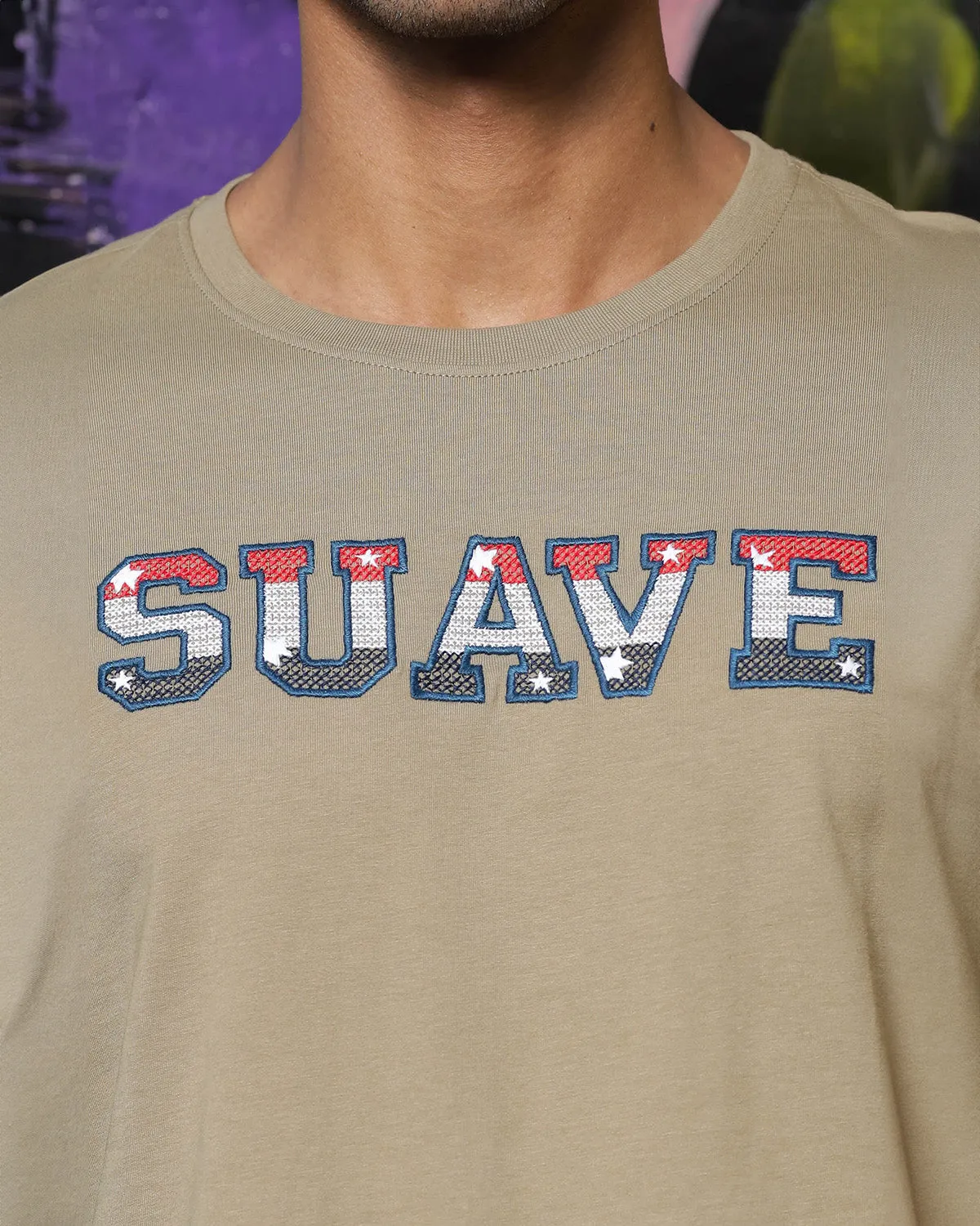 Men's Patrified Oak Colored "Suave" Embroidered Pure Cotton Tshirt