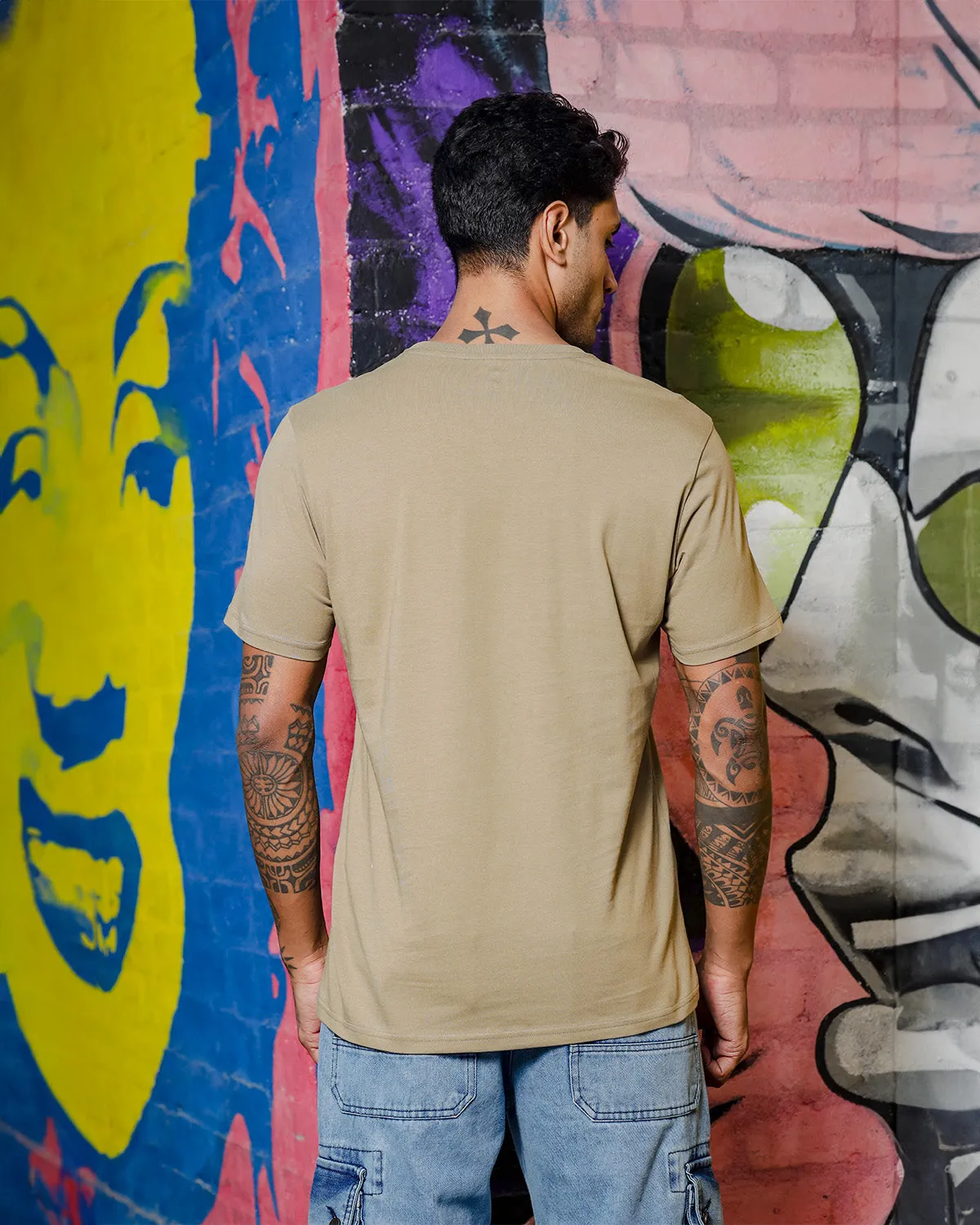 Men's Patrified Oak Colored "Suave" Embroidered Pure Cotton Tshirt