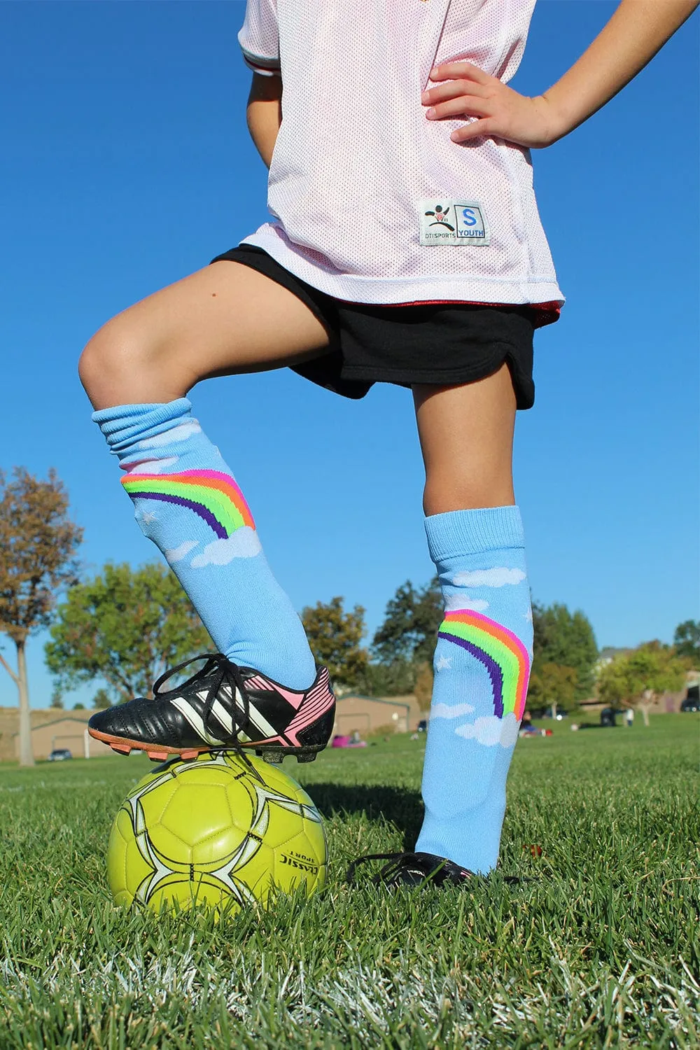 Neon Rainbow Clouds Over the Calf Athletic Socks