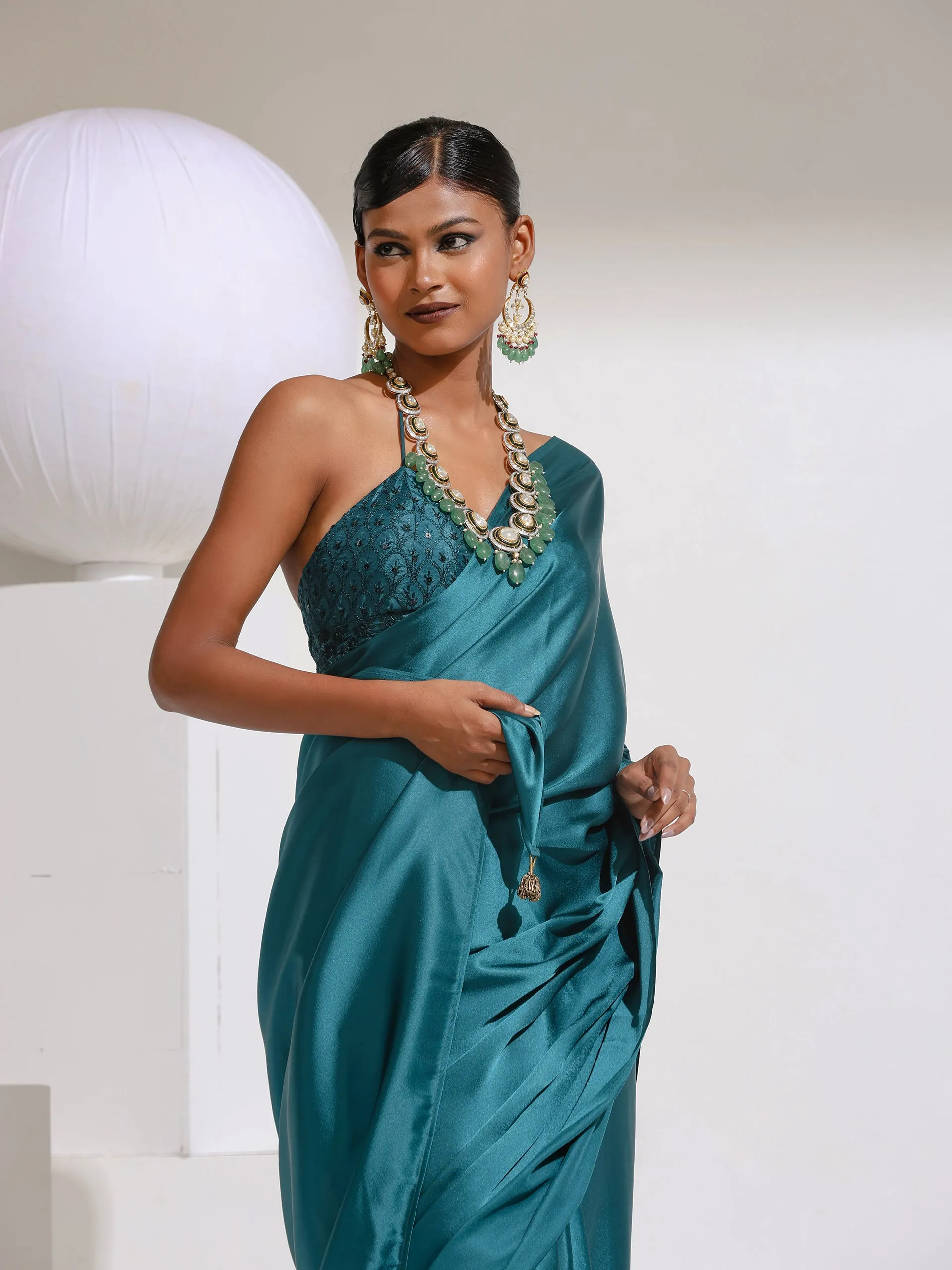 Pop Green Satin Saree with Beads and Embroidered Blouse Fabric