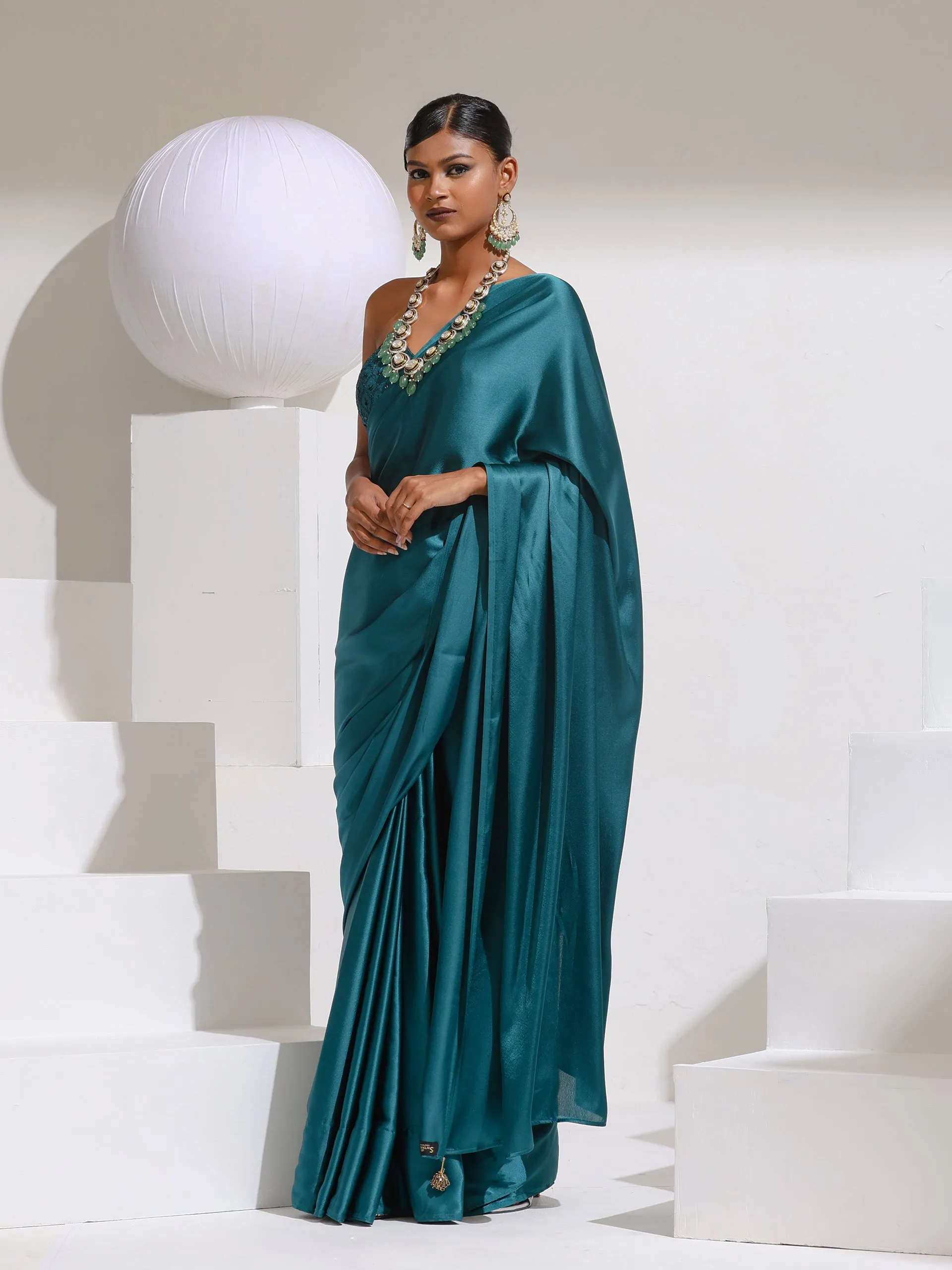 Pop Green Satin Saree with Beads and Embroidered Blouse Fabric