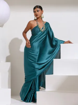 Pop Green Satin Saree with Beads and Embroidered Blouse Fabric
