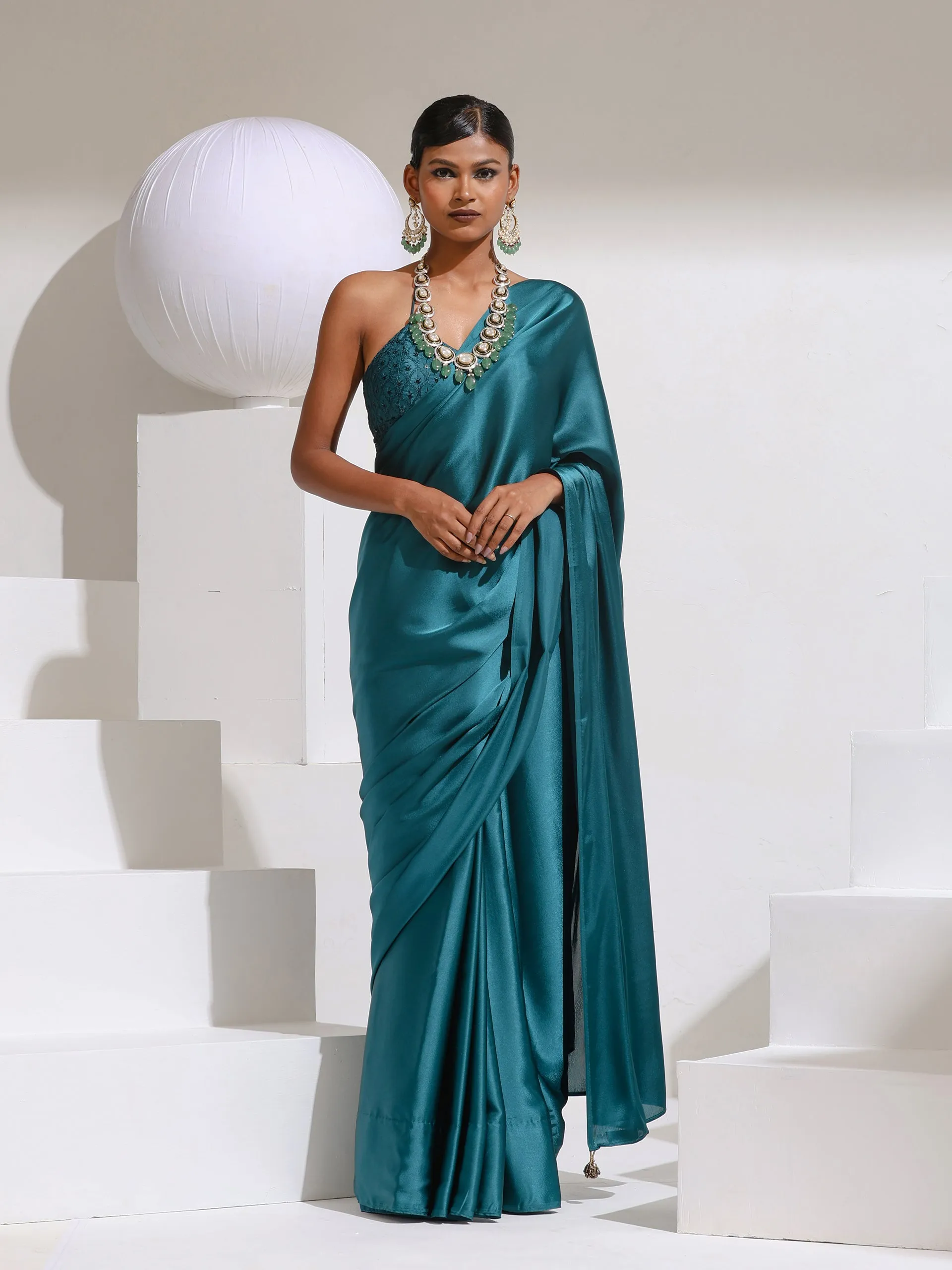 Pop Green Satin Saree with Beads and Embroidered Blouse Fabric