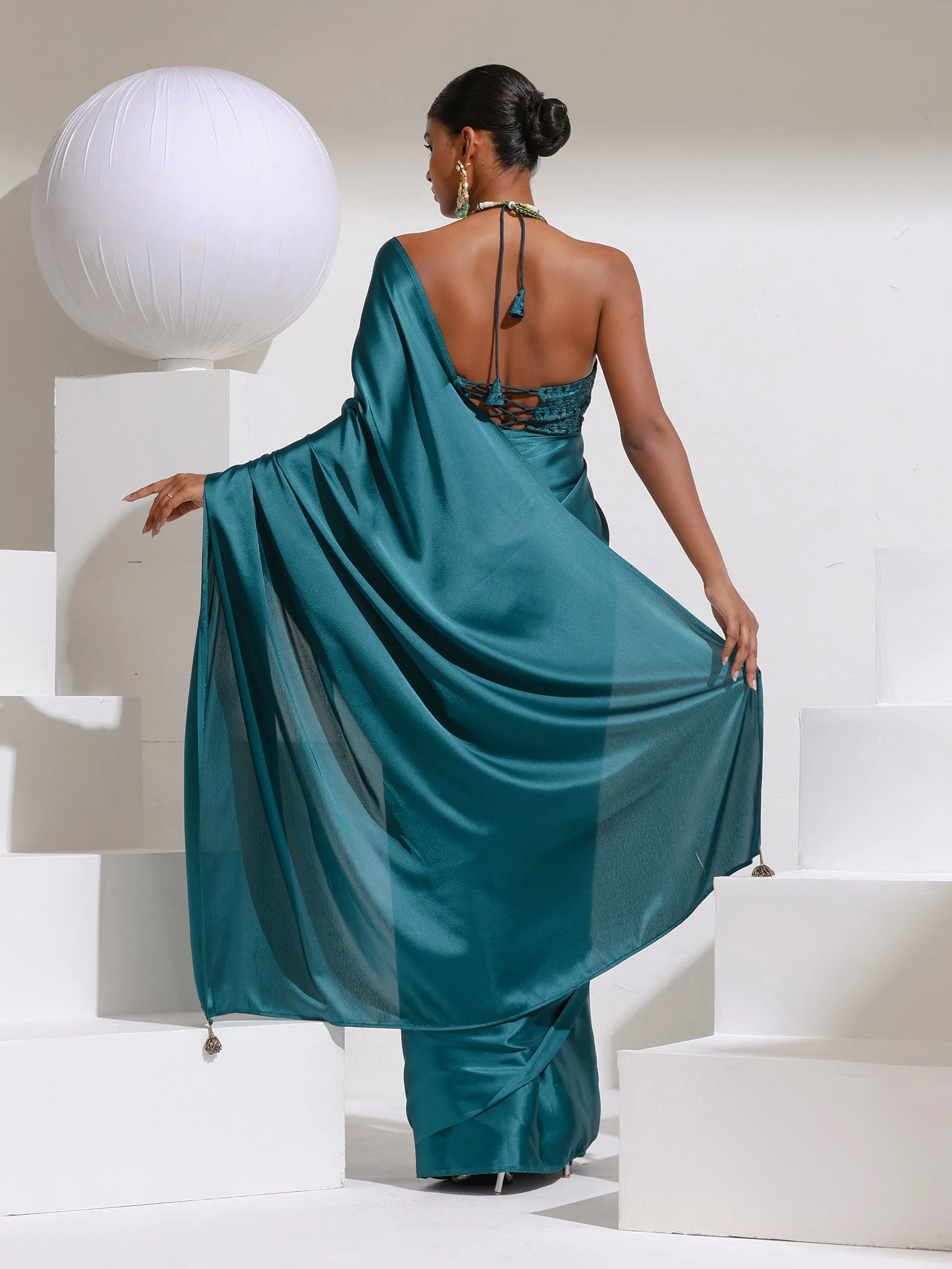 Pop Green Satin Saree with Beads and Embroidered Blouse Fabric