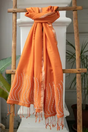 Rust Orange Silk Wool Hand Embroidered Stole