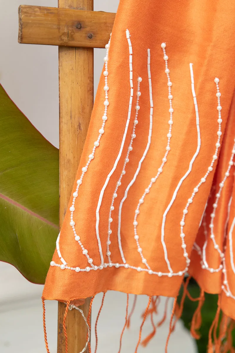 Rust Orange Silk Wool Hand Embroidered Stole