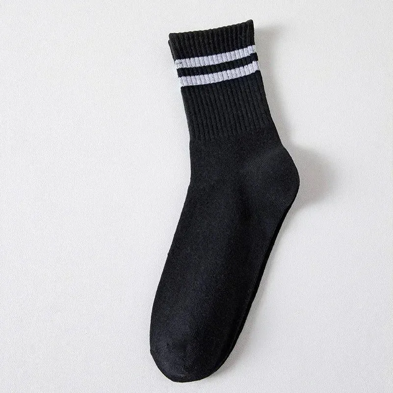 Sohiwoo Fashion Stirped Cotton Socks for Women Men Breathable Middle Tube Socks Solid Color White Black Sports Crew Socks Stockings
