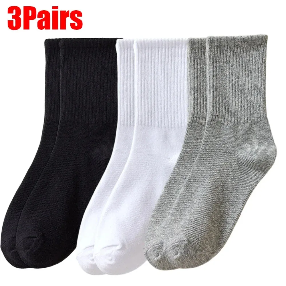 Sohiwoo Fashion Stirped Cotton Socks for Women Men Breathable Middle Tube Socks Solid Color White Black Sports Crew Socks Stockings