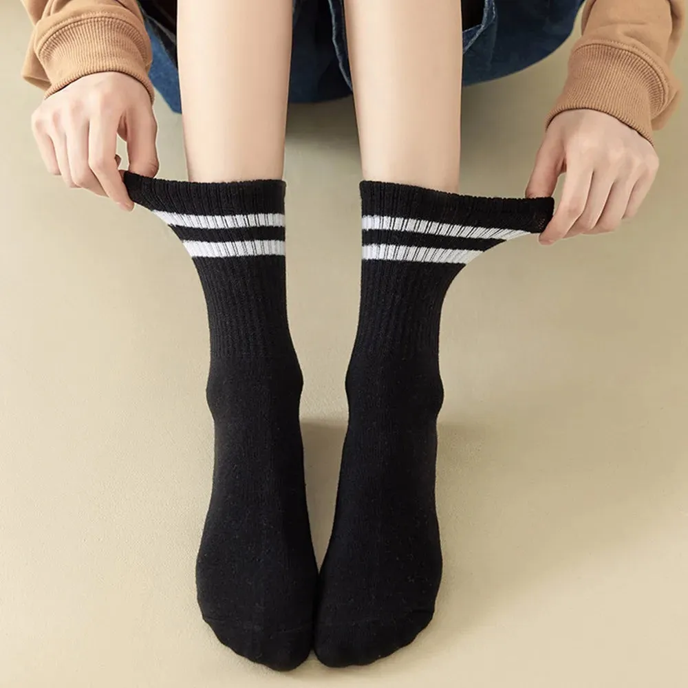 Sohiwoo Fashion Stirped Cotton Socks for Women Men Breathable Middle Tube Socks Solid Color White Black Sports Crew Socks Stockings