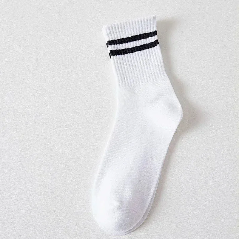 Sohiwoo Fashion Stirped Cotton Socks for Women Men Breathable Middle Tube Socks Solid Color White Black Sports Crew Socks Stockings