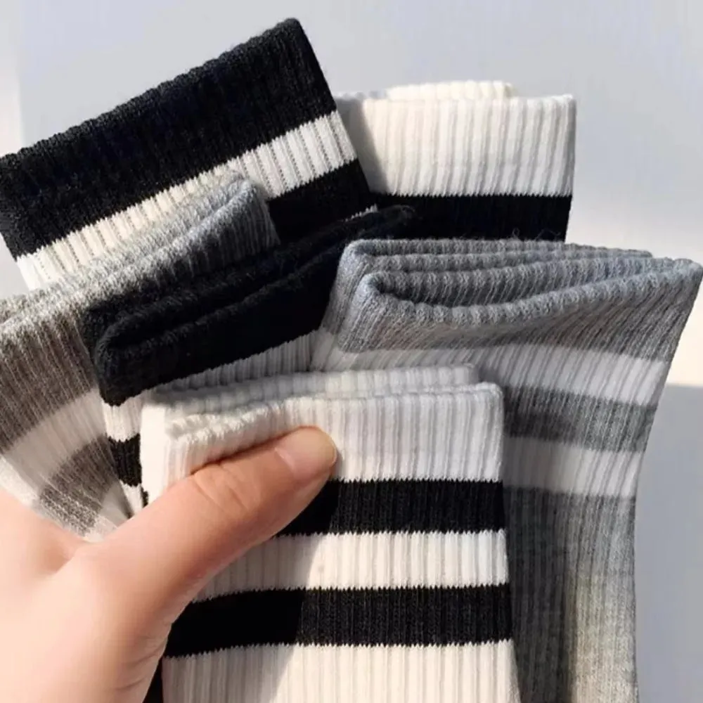 Sohiwoo Fashion Stirped Cotton Socks for Women Men Breathable Middle Tube Socks Solid Color White Black Sports Crew Socks Stockings
