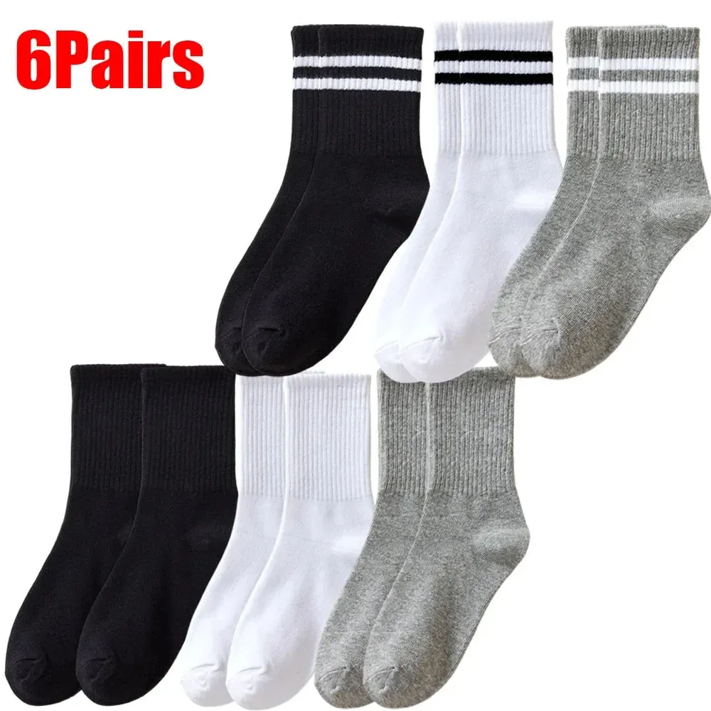Sohiwoo Fashion Stirped Cotton Socks for Women Men Breathable Middle Tube Socks Solid Color White Black Sports Crew Socks Stockings