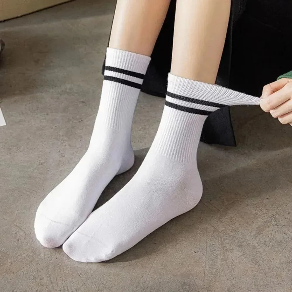Sohiwoo Fashion Stirped Cotton Socks for Women Men Breathable Middle Tube Socks Solid Color White Black Sports Crew Socks Stockings