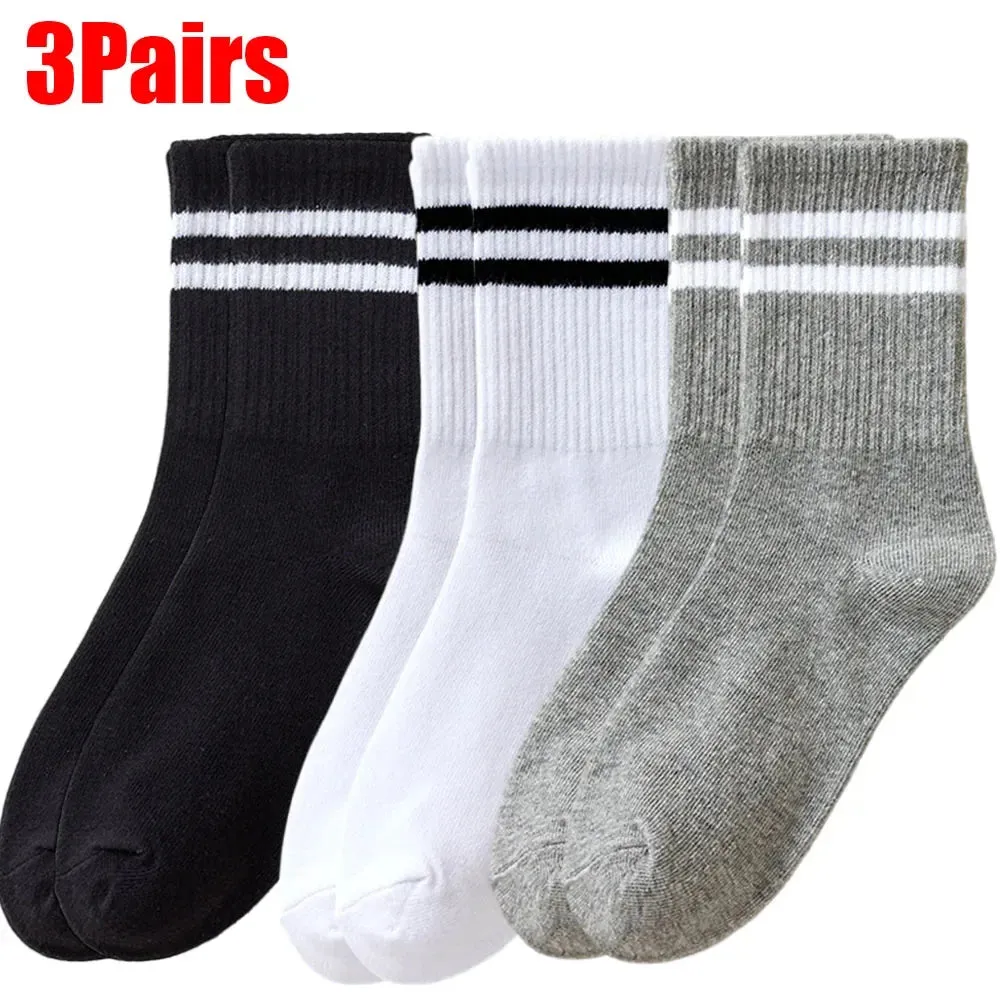 Sohiwoo Fashion Stirped Cotton Socks for Women Men Breathable Middle Tube Socks Solid Color White Black Sports Crew Socks Stockings