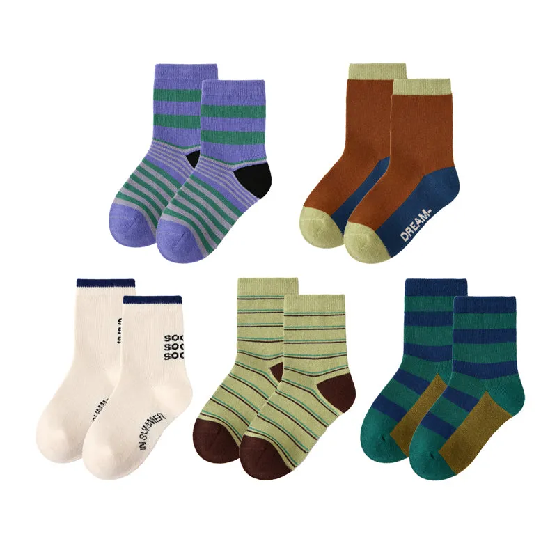 Sweetnana 5-Pack Children's Cotton Socks for Autumn and Winter, Color Block Stripes, Daily Casual Style, Colorful, Warm, Thick, Mid-calf Socks.