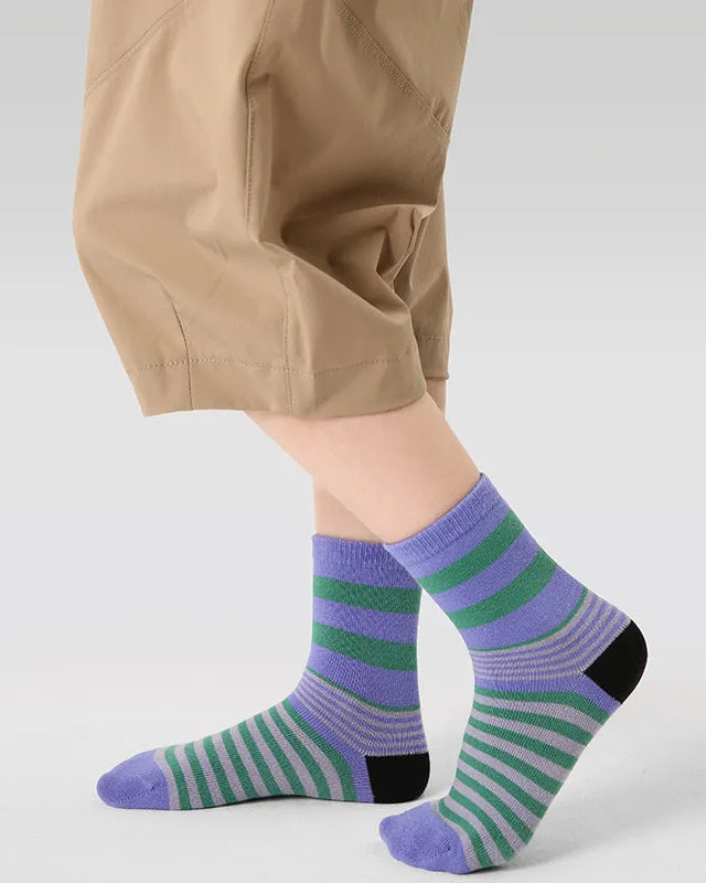 Sweetnana 5-Pack Children's Cotton Socks for Autumn and Winter, Color Block Stripes, Daily Casual Style, Colorful, Warm, Thick, Mid-calf Socks.