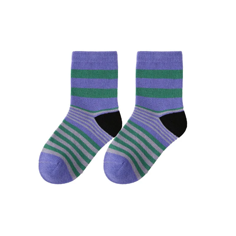 Sweetnana 5-Pack Children's Cotton Socks for Autumn and Winter, Color Block Stripes, Daily Casual Style, Colorful, Warm, Thick, Mid-calf Socks.