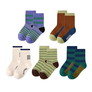 Sweetnana 5-Pack Children's Cotton Socks for Autumn and Winter, Color Block Stripes, Daily Casual Style, Colorful, Warm, Thick, Mid-calf Socks.