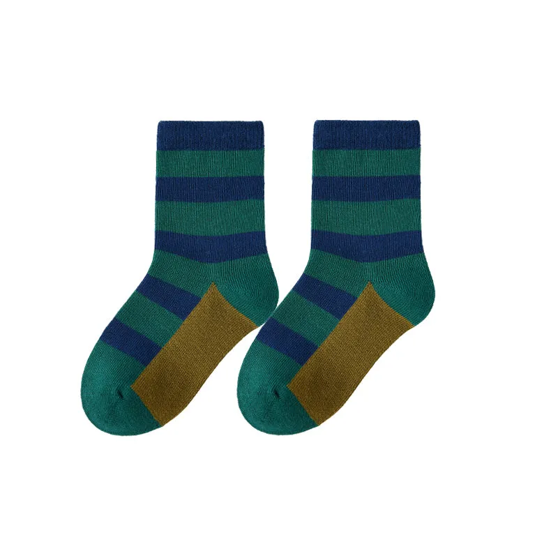 Sweetnana 5-Pack Children's Cotton Socks for Autumn and Winter, Color Block Stripes, Daily Casual Style, Colorful, Warm, Thick, Mid-calf Socks.