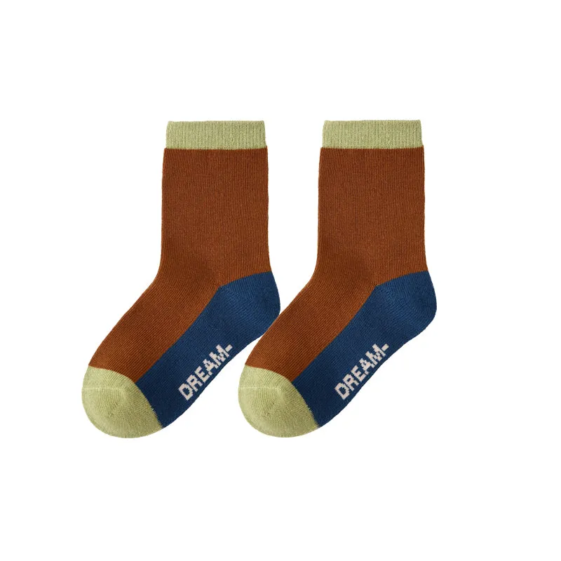Sweetnana 5-Pack Children's Cotton Socks for Autumn and Winter, Color Block Stripes, Daily Casual Style, Colorful, Warm, Thick, Mid-calf Socks.