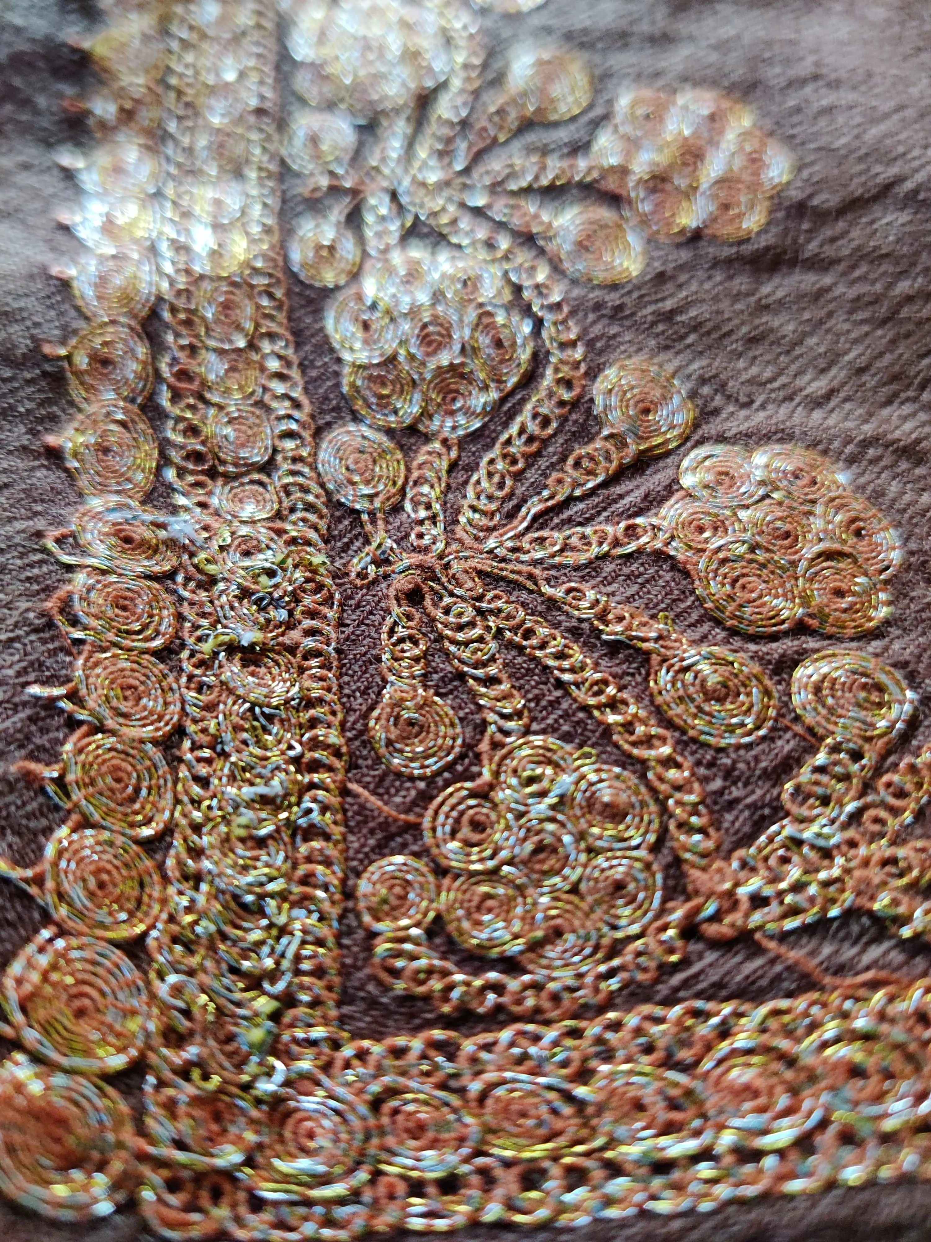 Tilla-Embroidered Brown Merino Wool Scarf
