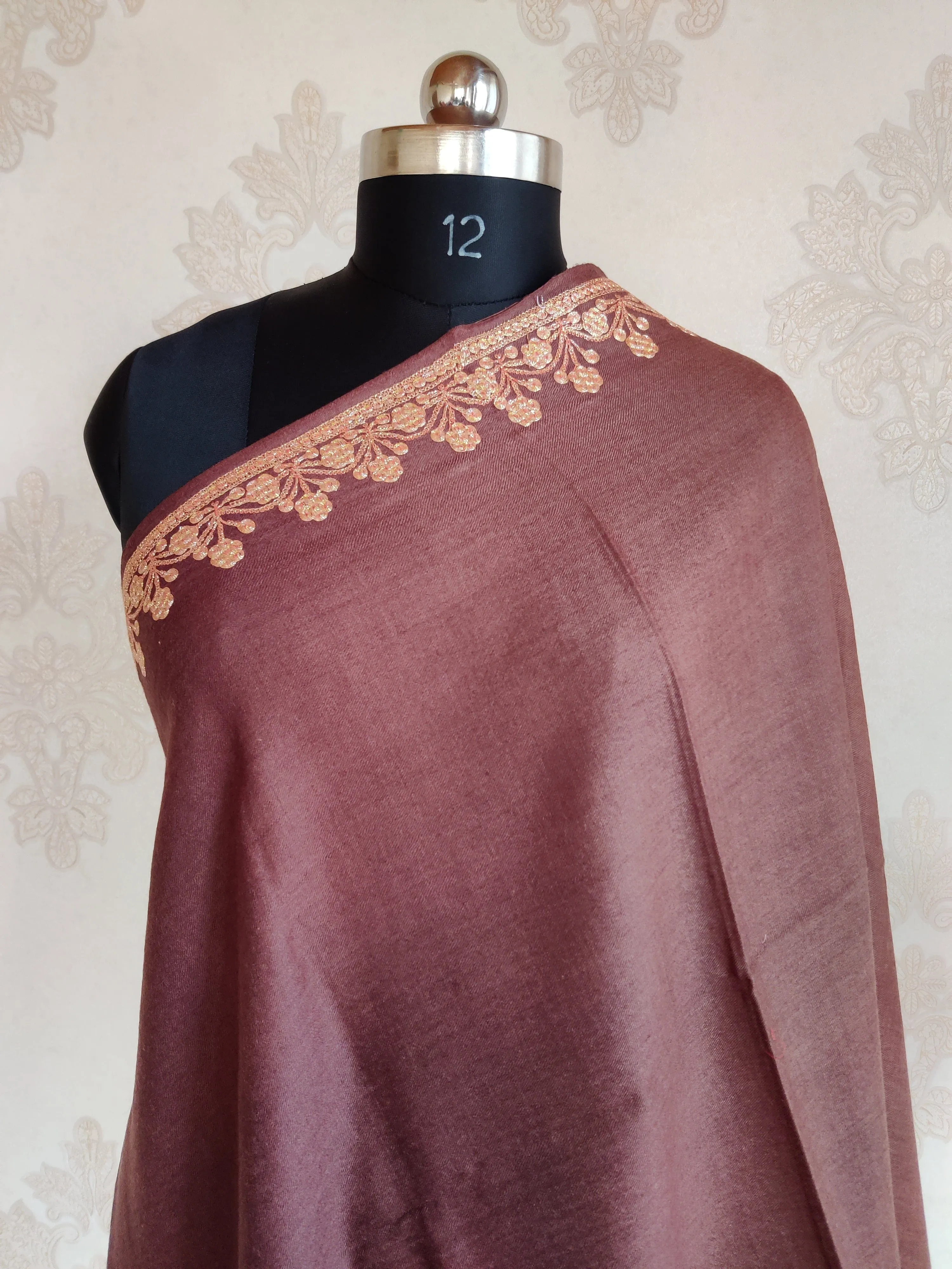 Tilla-Embroidered Brown Merino Wool Scarf
