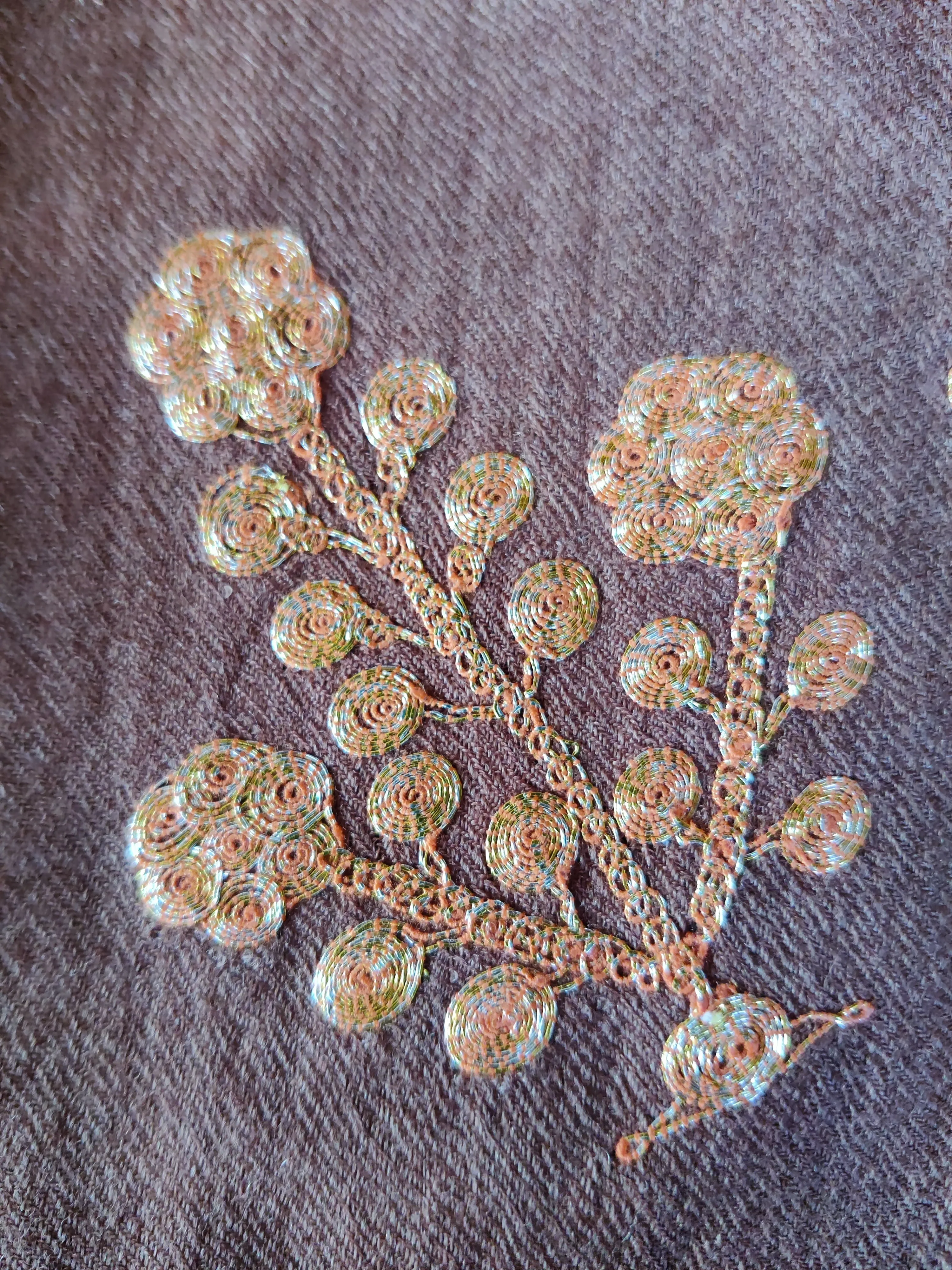 Tilla-Embroidered Brown Merino Wool Scarf