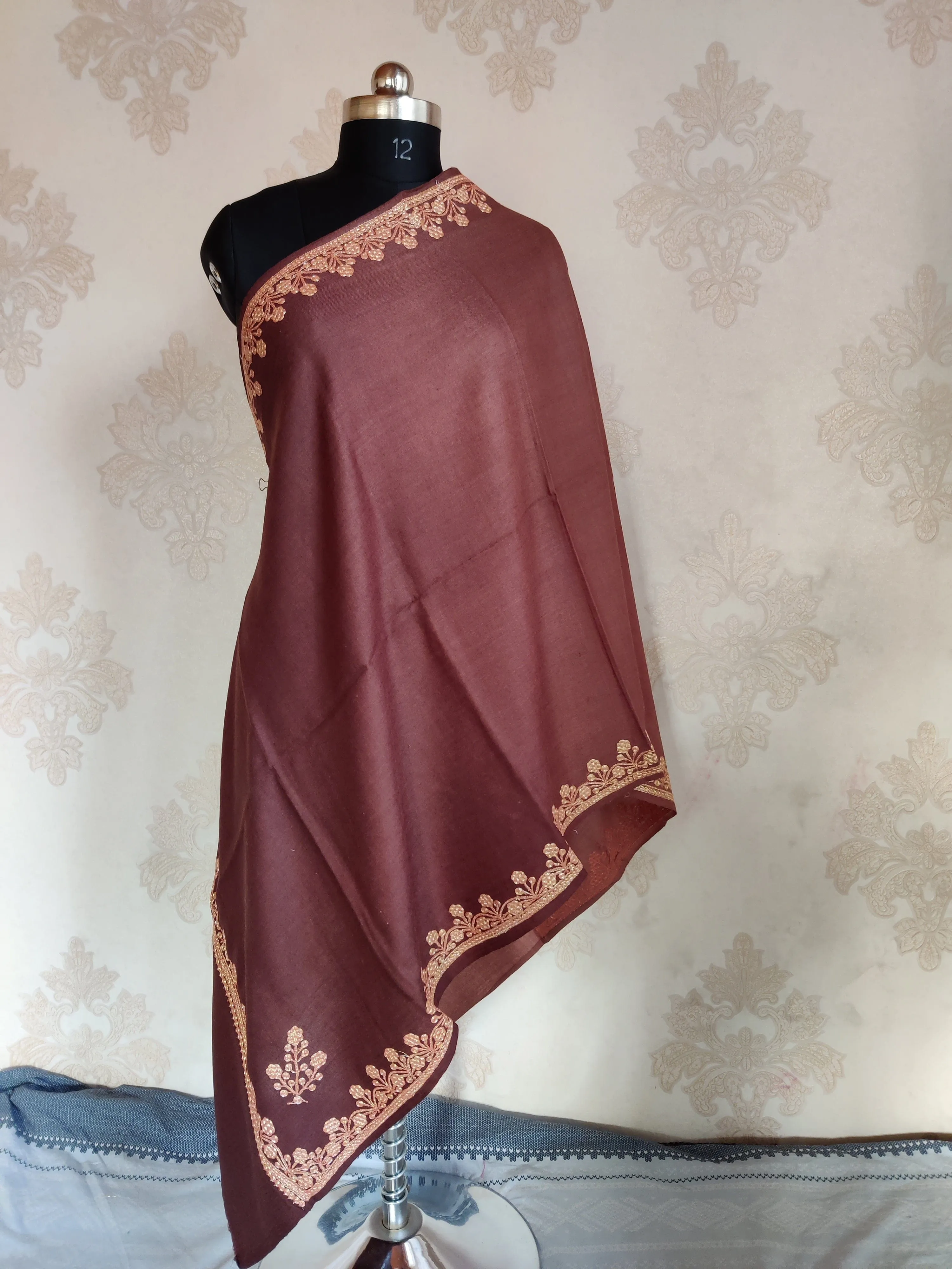 Tilla-Embroidered Brown Merino Wool Scarf