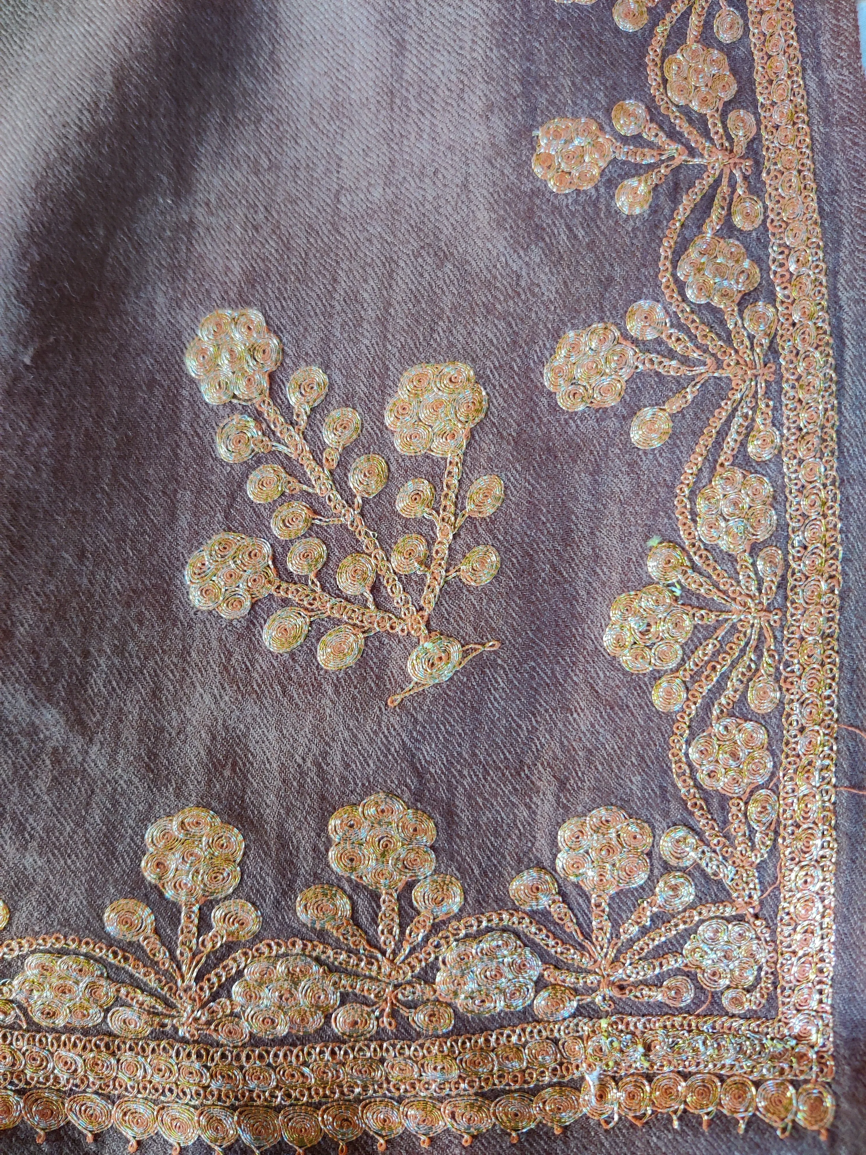 Tilla-Embroidered Brown Merino Wool Scarf