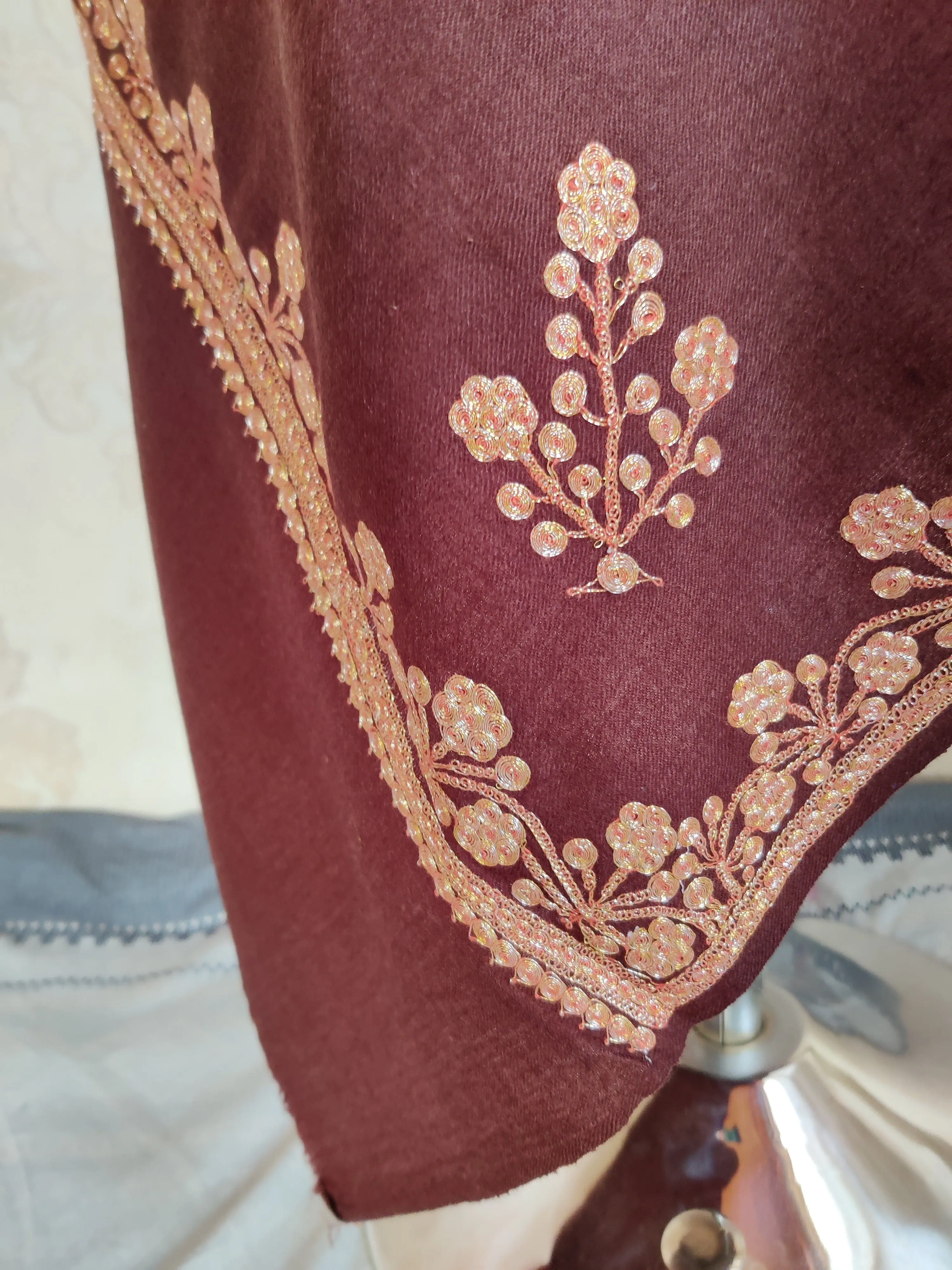 Tilla-Embroidered Brown Merino Wool Scarf