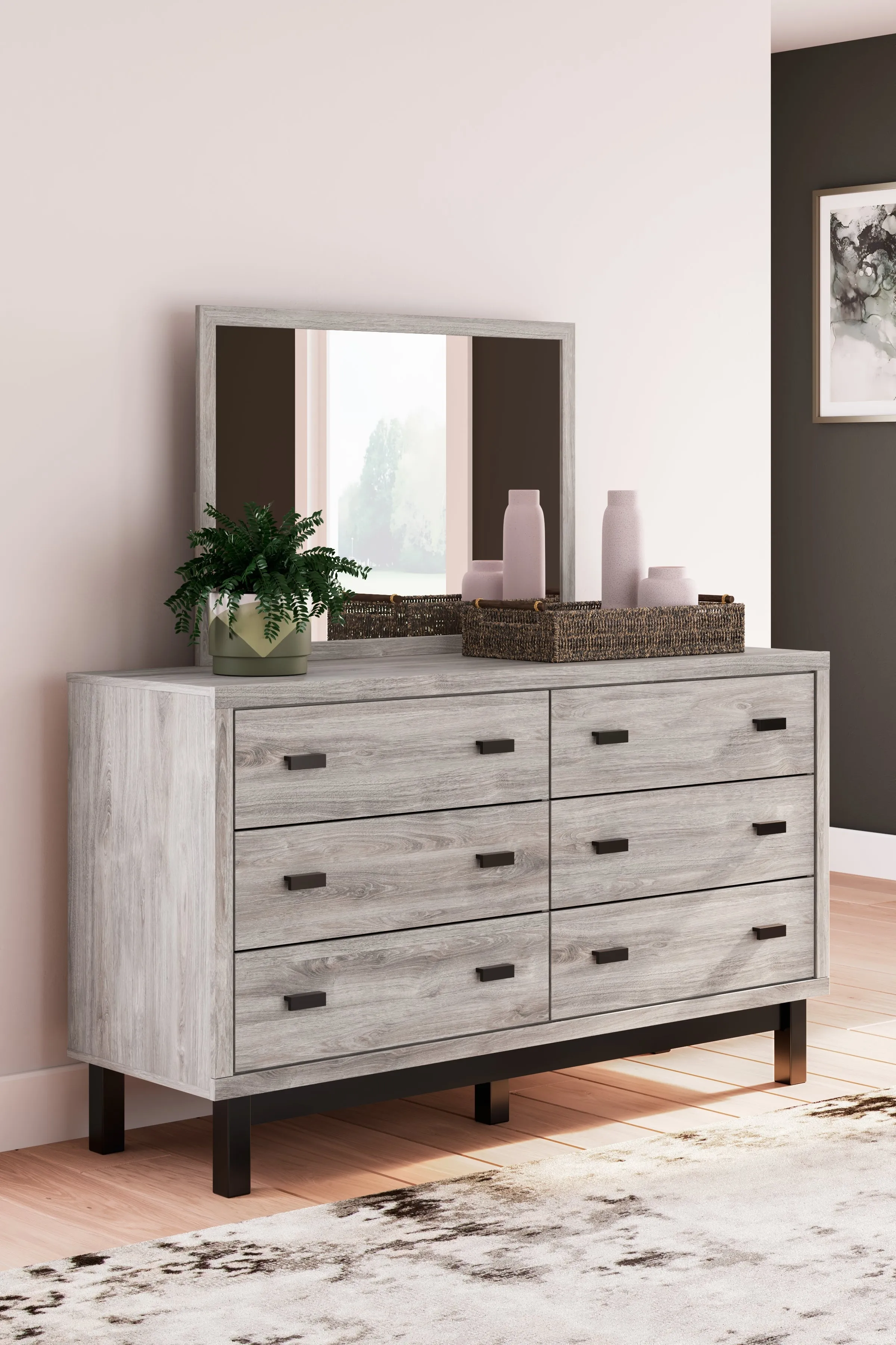 Vessalli King Panel Headboard with Mirrored Dresser, Chest and 2 Nightstands in Two-tone