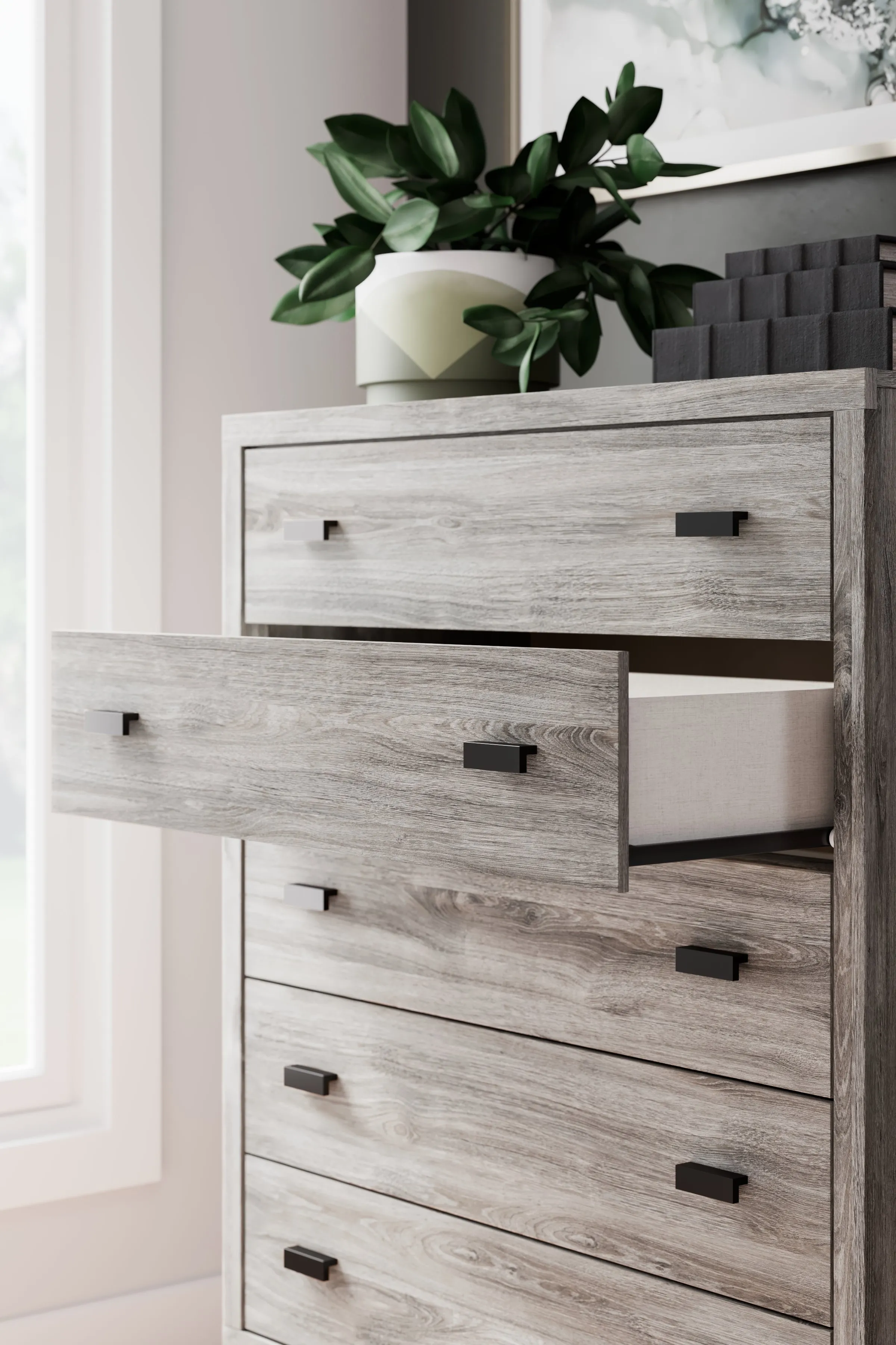 Vessalli Queen Panel Headboard with Mirrored Dresser and Chest in Two-tone