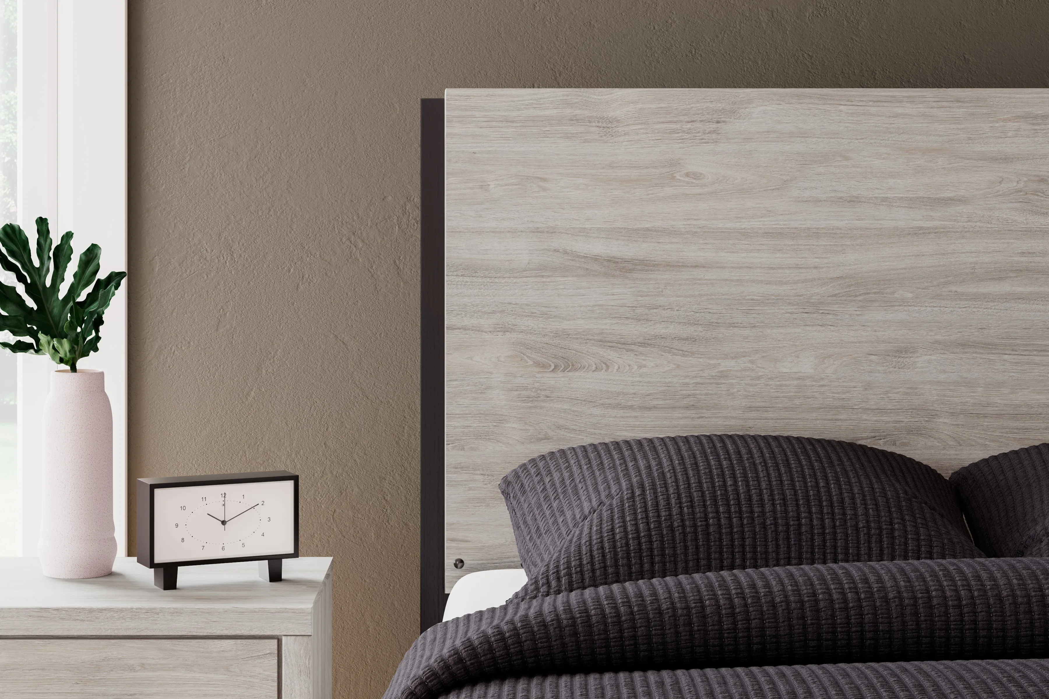 Vessalli Queen Panel Headboard with Mirrored Dresser and Chest in Two-tone