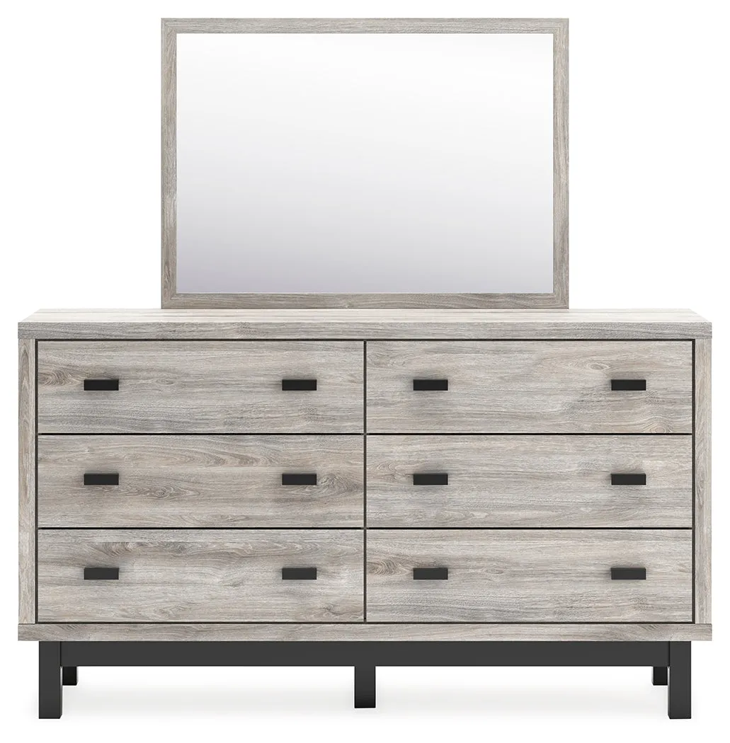 Vessalli Queen Panel Headboard with Mirrored Dresser and Chest in Two-tone