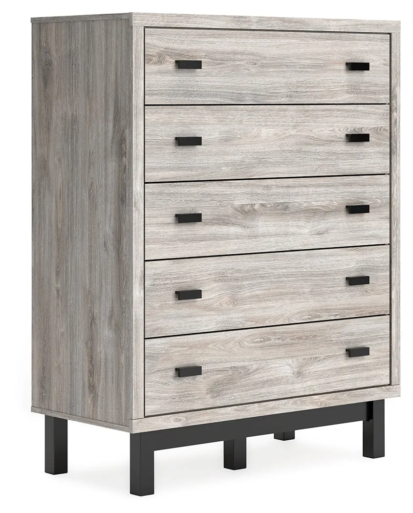Vessalli Queen Panel Headboard with Mirrored Dresser and Chest in Two-tone
