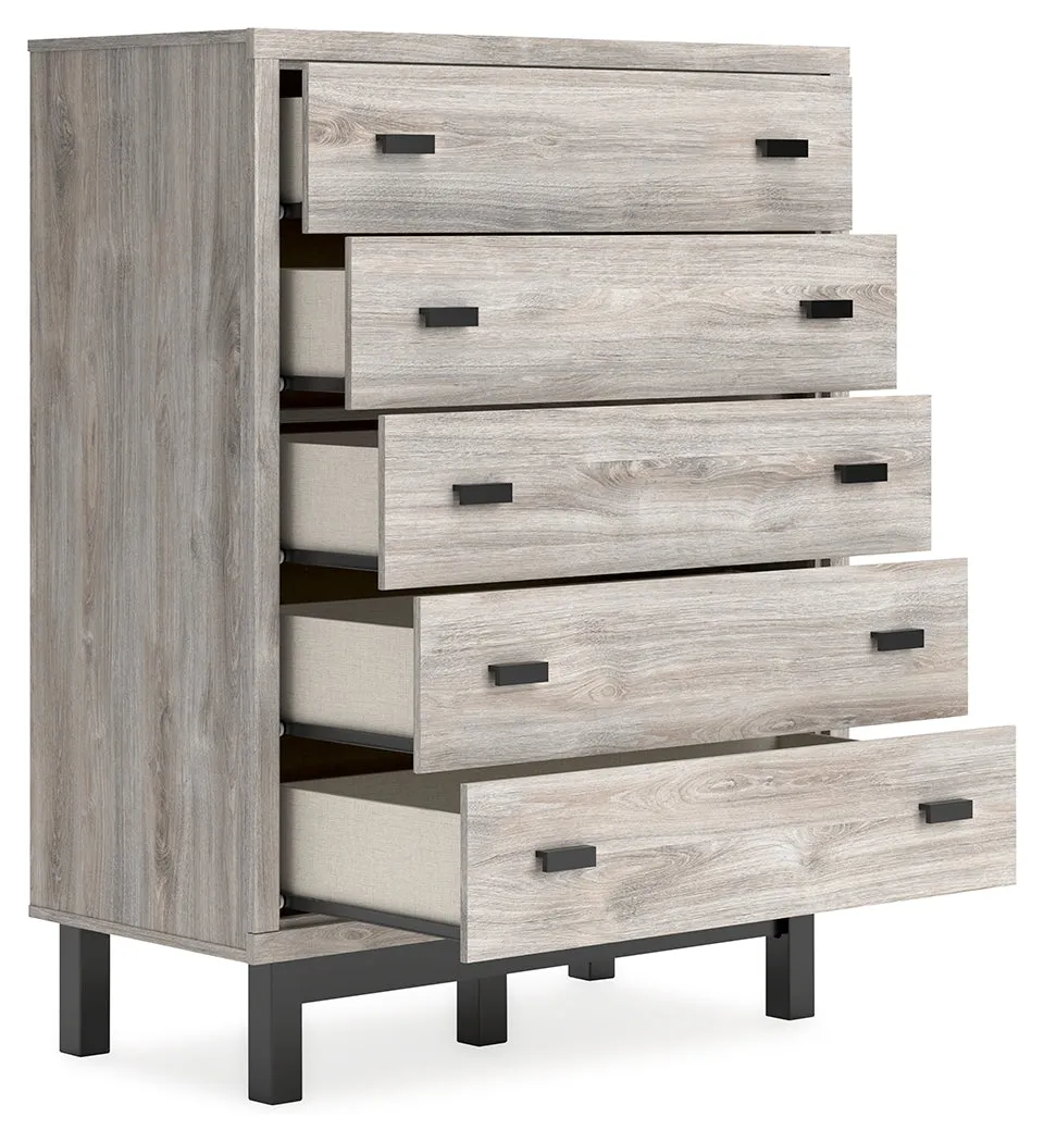 Vessalli Queen Panel Headboard with Mirrored Dresser and Chest in Two-tone