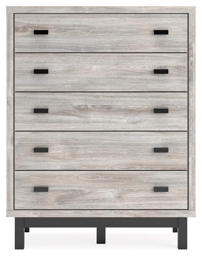Vessalli Queen Panel Headboard with Mirrored Dresser and Chest in Two-tone