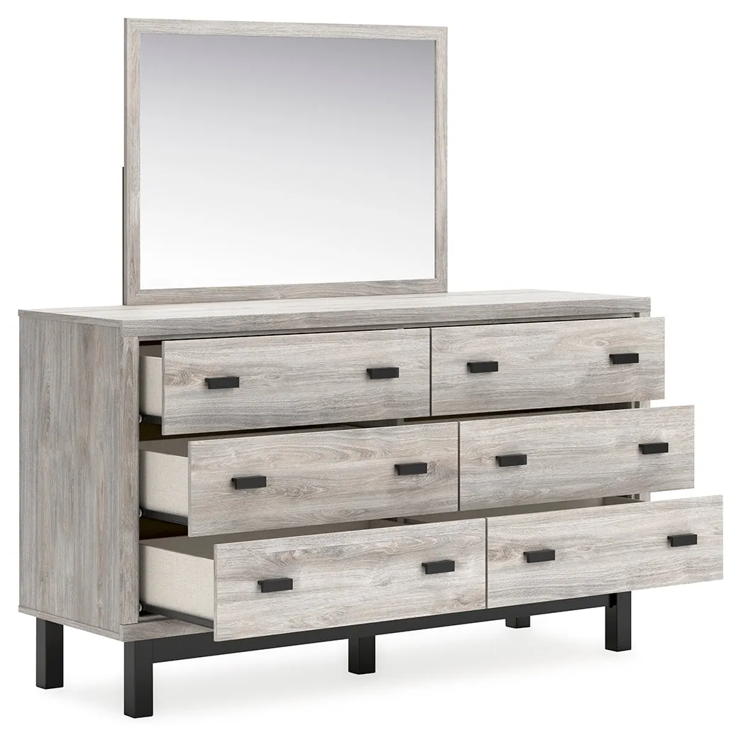 Vessalli Queen Panel Headboard with Mirrored Dresser and Chest in Two-tone