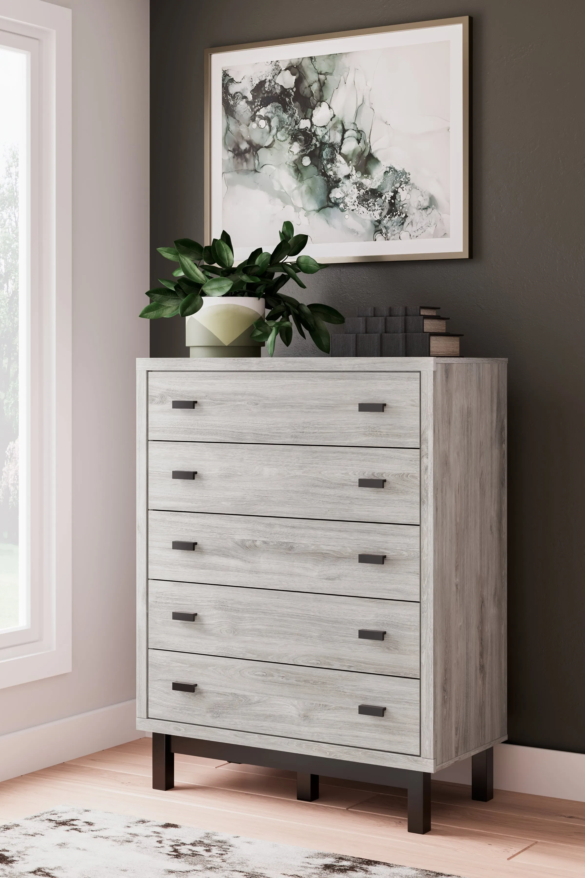 Vessalli Queen Panel Headboard with Mirrored Dresser and Chest in Two-tone