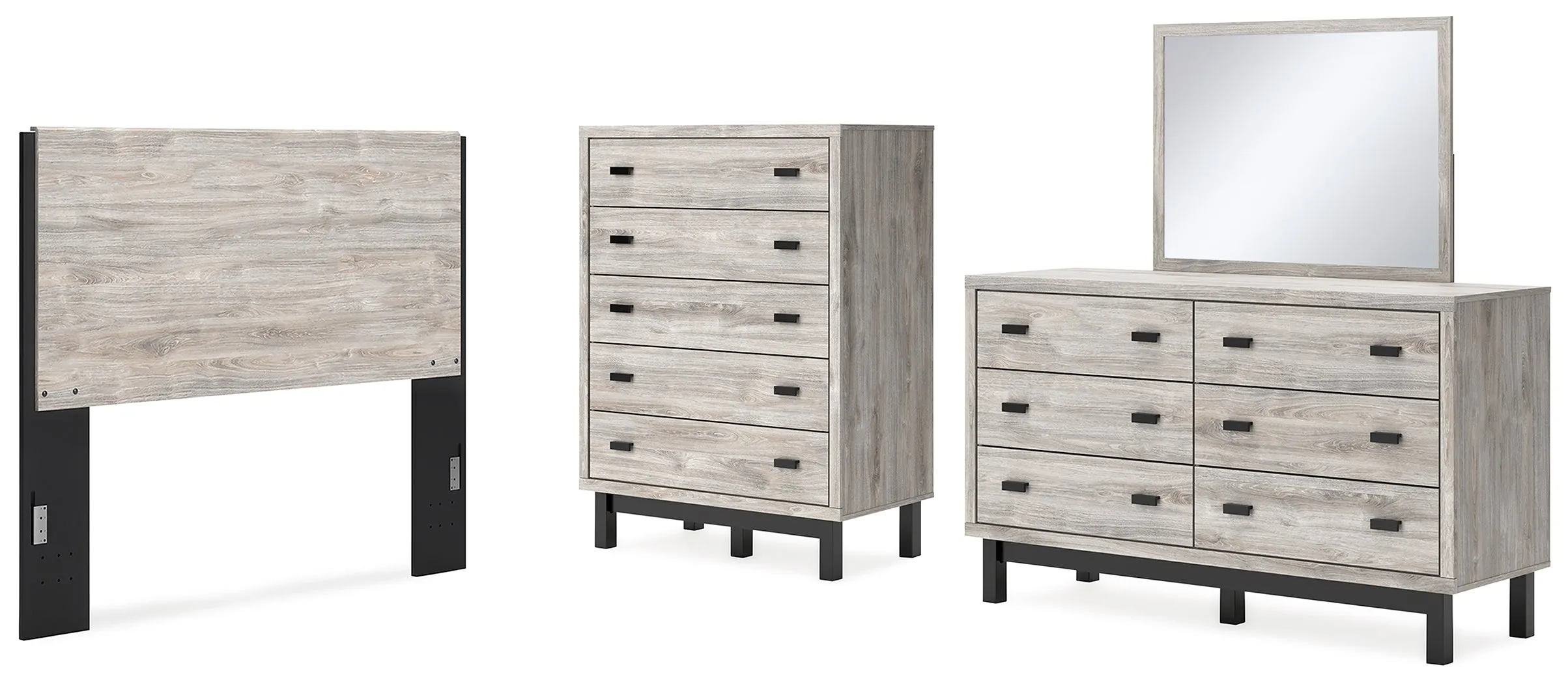 Vessalli Queen Panel Headboard with Mirrored Dresser and Chest in Two-tone